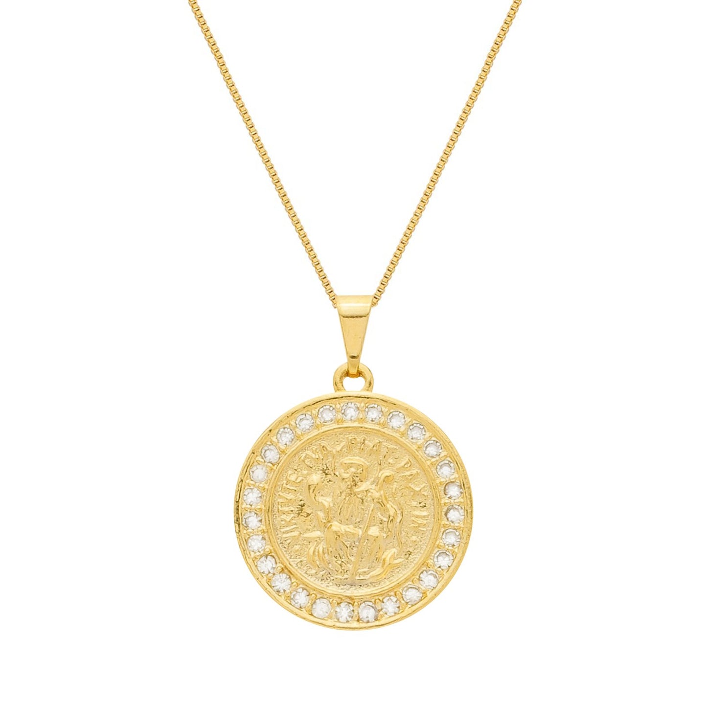 Colar Dourado Medalha São Miguel Arcanjo Cravejado de Zircônia