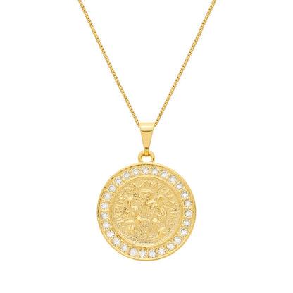 Colar Dourado Medalha São Miguel Arcanjo Cravejado de Zircônia