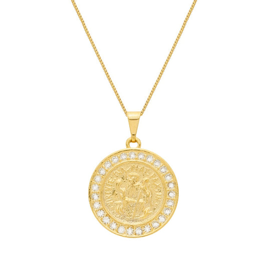 Colar Dourado Medalha São Miguel Arcanjo Cravejado de Zircônia