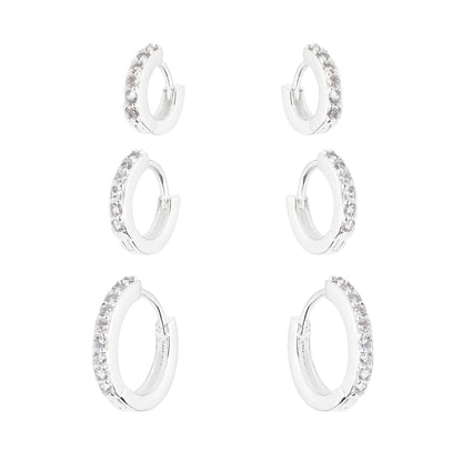 Trio de Argolas Cravejadas de Zircônias em Prata 925