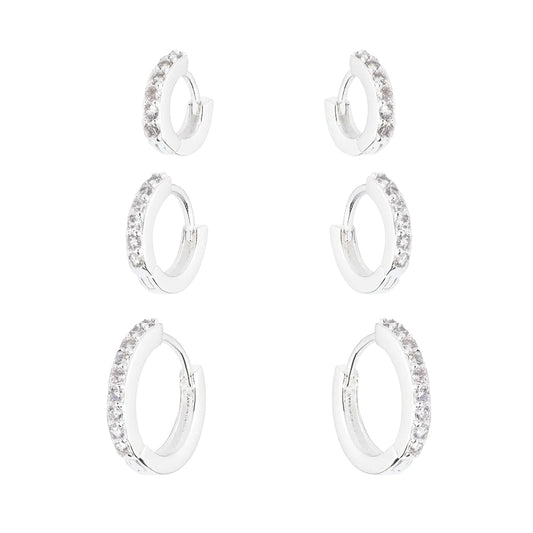 Trio de Argolas Cravejadas de Zircônias em Prata 925